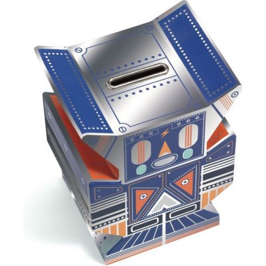 Tirelire en bois/carton effet métal Robot bleu/orange de - Little Big Room By Djeco